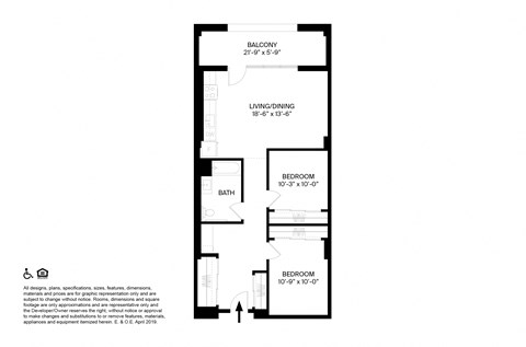 Floor plan for 2 beds, 1 bath, 1120 sqft