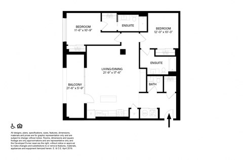 Floor plan for 2 beds, 2.5 baths, 1368 sqft