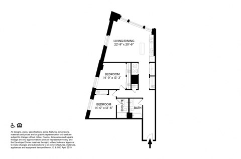Floor plan for 2 beds, 2 baths, 1404 sqft