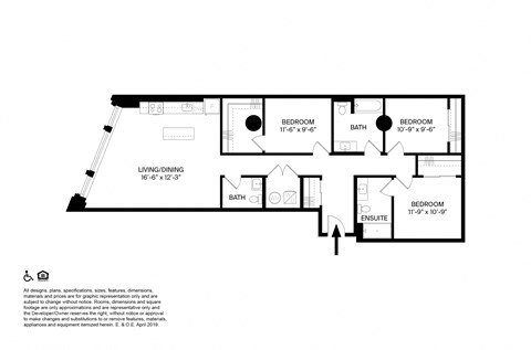Floor plan for 3 beds, 2.5 baths, 1413 sqft