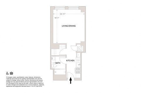 Floor plan for studio, 1 bath, 492 sqft
