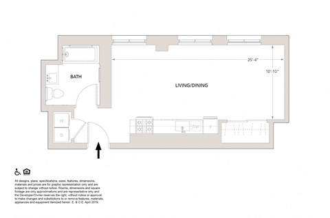 Floor plan for studio, 1 bath, 565 sqft