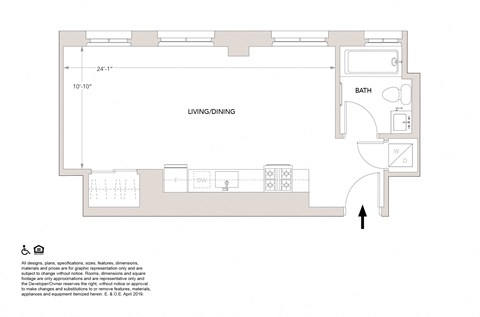 Floor plan for studio, 1 bath, 504 sqft