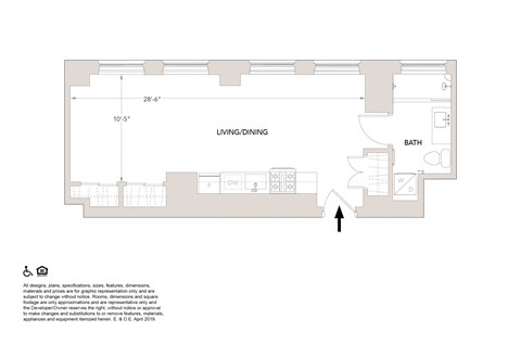 Floor plan for studio, 1 bath, 570 sqft