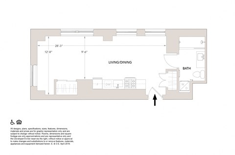 Floor plan for studio, 1 bath, 572 sqft