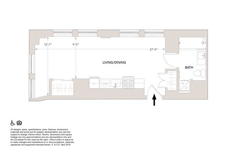Floor plan for studio, 1 bath, 542 sqft
