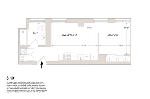 Floor plan for studio, 1 bath, 557 sqft
