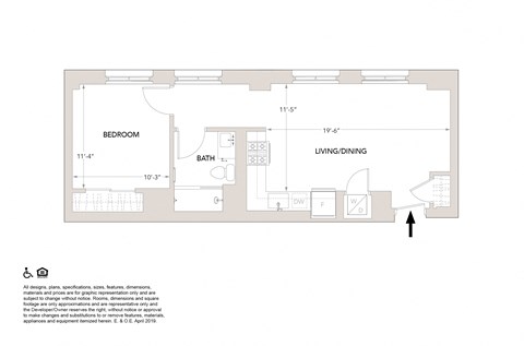 Floor plan for 1 bed, 1 bath, 627 sqft