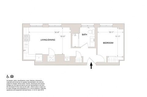 Floor plan for 1 bed, 1 bath, 627 sqft