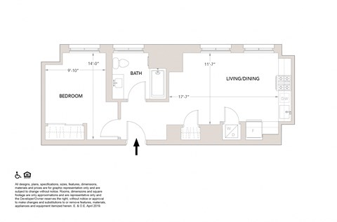 Floor plan for 1 bed, 1 bath, 643 sqft