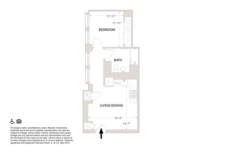 Floor plan for 1 bed, 1 bath, 638 sqft