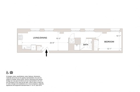 Floor plan for 1 bed, 1 bath, 659 sqft