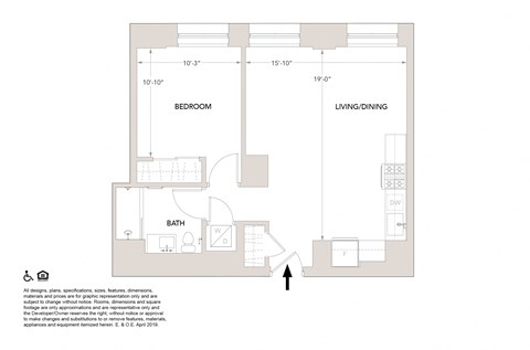 Floor plan for 1 bed, 1 bath, 670 sqft