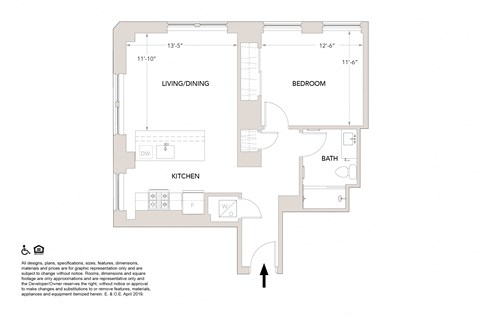 Floor plan for 1 bed, 1 bath, 729 sqft