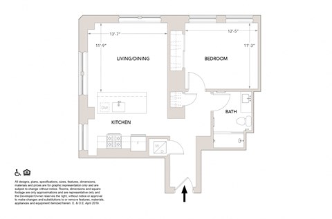 Floor plan for 1 bed, 1 bath, 741 sqft