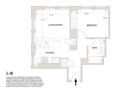 Floor plan for 1 bed, 1 bath, 709 sqft