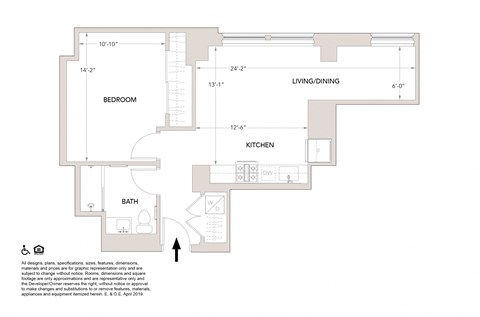 Floor plan for 1 bed, 1 bath, 735 sqft