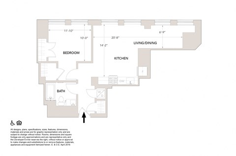 Floor plan for 1 bed, 1 bath, 752 sqft