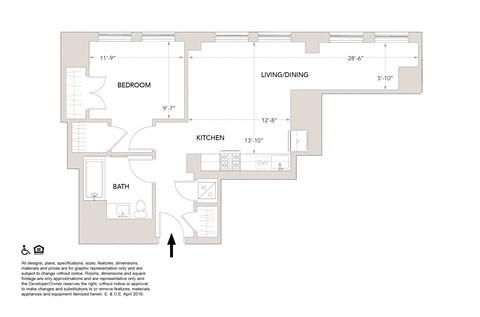 Floor plan for 1 bed, 1 bath, 763 sqft