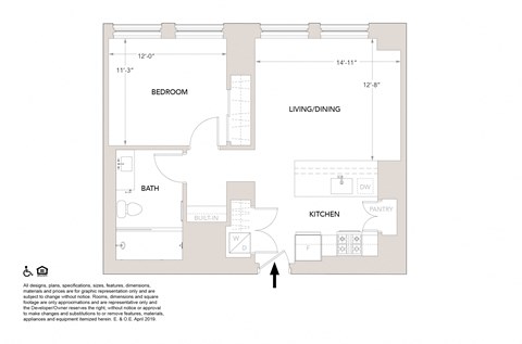 Floor plan for 1 bed, 1 bath, 752 sqft