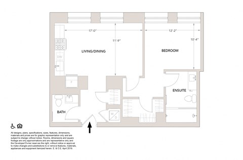 Floor plan for 1 bed, 1.5 baths, 774 sqft