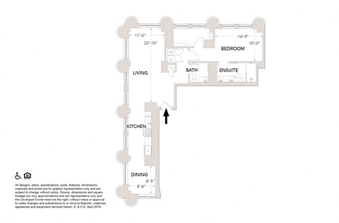 Floor plan for 1 bed, 1.5 baths, 1204 sqft