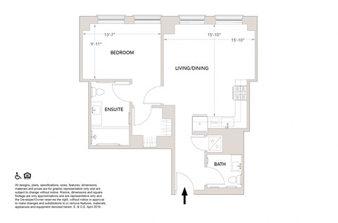 Floor plan for 1 bed, 1.5 baths, 768 sqft