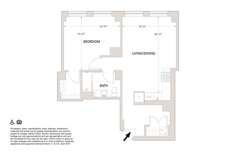Floor plan for 1 bed, 1 bath, 801 sqft