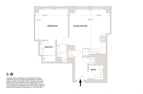 Floor plan for 1 bed, 1.5 baths, 777 sqft