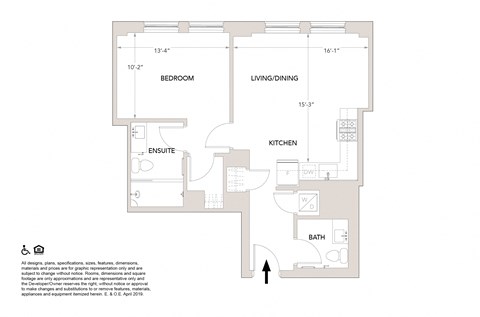 Floor plan for 1 bed, 1.5 baths, 765 sqft