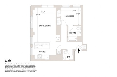 Floor plan for 1 bed, 1.5 baths, 943 sqft