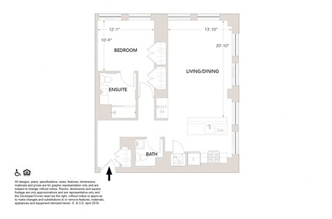Floor plan for 1 bed, 1.5 baths, 963 sqft