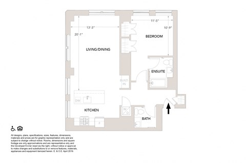 Floor plan for 1 bed, 1.5 baths, 944 sqft