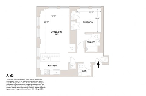 Floor plan for 1 bed, 1.5 baths, 916 sqft