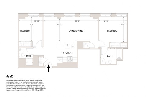 Floor plan for 2 beds, 2 baths, 1097 sqft