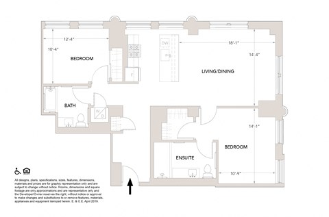 Floor plan for 2 beds, 2 baths, 1225 sqft