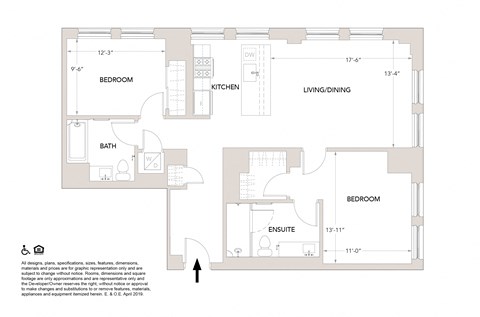 Floor plan for 2 beds, 2 baths, 1171 sqft