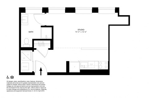 Floor plan for studio, 1 bath, 419 sqft