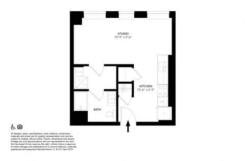 Floor plan for studio, 1 bath, 425 sqft