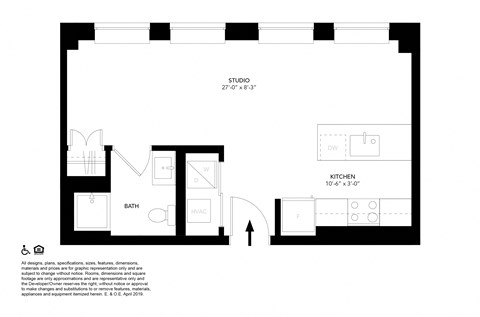 Floor plan for studio, 1 bath, 434 sqft