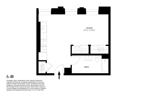 Floor plan for studio, 1 bath, 530 sqft
