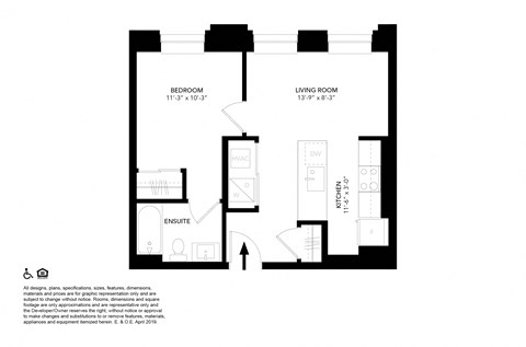 Floor plan for 1 bed, 1 bath, 499 sqft