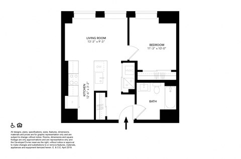 Floor plan for 1 bed, 1 bath, 516 sqft