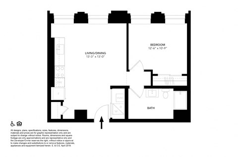 Floor plan for 1 bed, 1 bath, 561 sqft