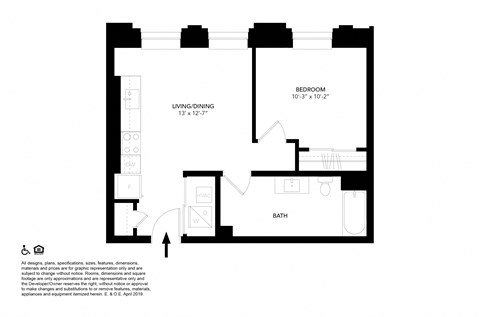 Floor plan for 1 bed, 1 bath, 561 sqft