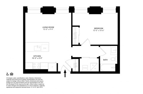 Floor plan for 1 bed, 1 bath, 579 sqft