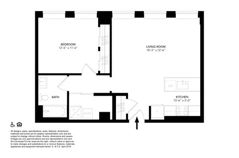 Floor plan for 1 bed, 1 bath, 607 sqft