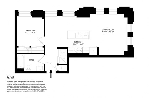 Floor plan for 1 bed, 1 bath, 652 sqft