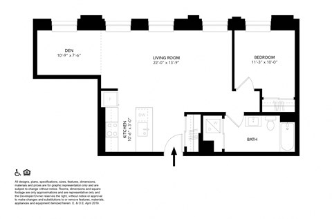 Floor plan for 1 bed, 1 bath, 719 sqft