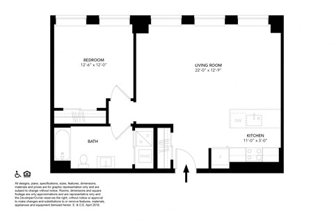 Floor plan for 1 bed, 1 bath, 776 sqft